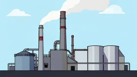 A flat-vector illustration of an industrial oil refinery with smokestacks and storage tanks.
