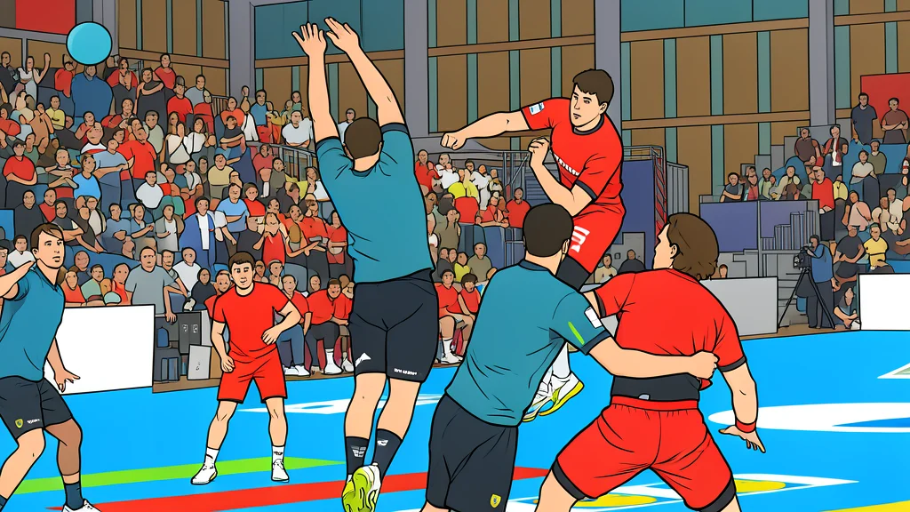 A handball goal with a net, standing on an indoor court floor