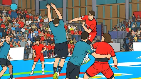 A handball goal with a net, standing on an indoor court floor