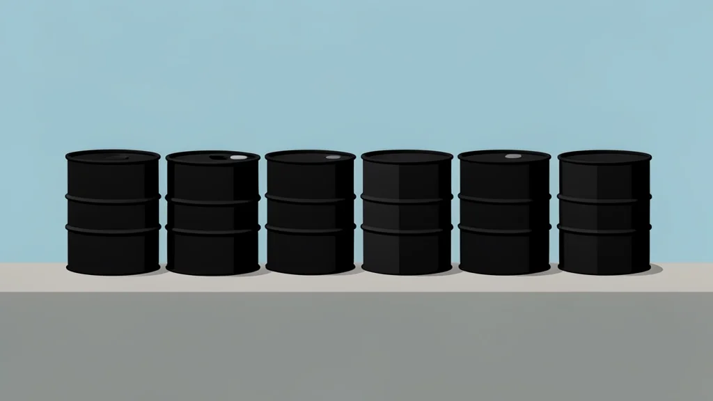 A row of black oil barrels on a concrete dock