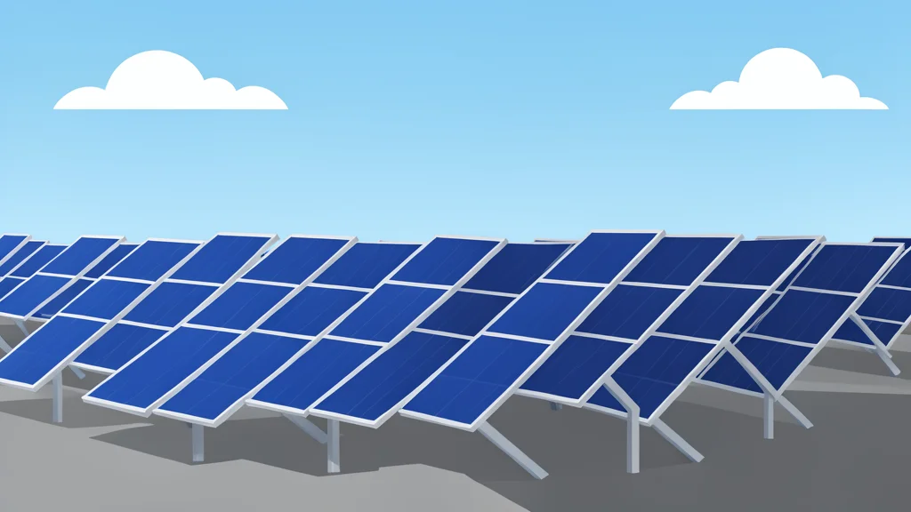 A field of large, tilted solar panels under a clear sky