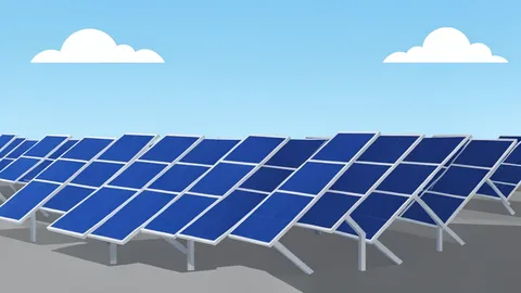 A field of large, tilted solar panels under a clear sky
