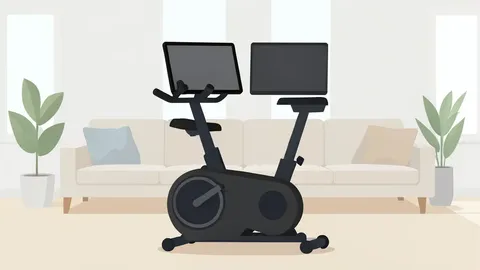 A stationary exercise bike with a large rectangular screen attached to the handlebars in a bright modern living room.