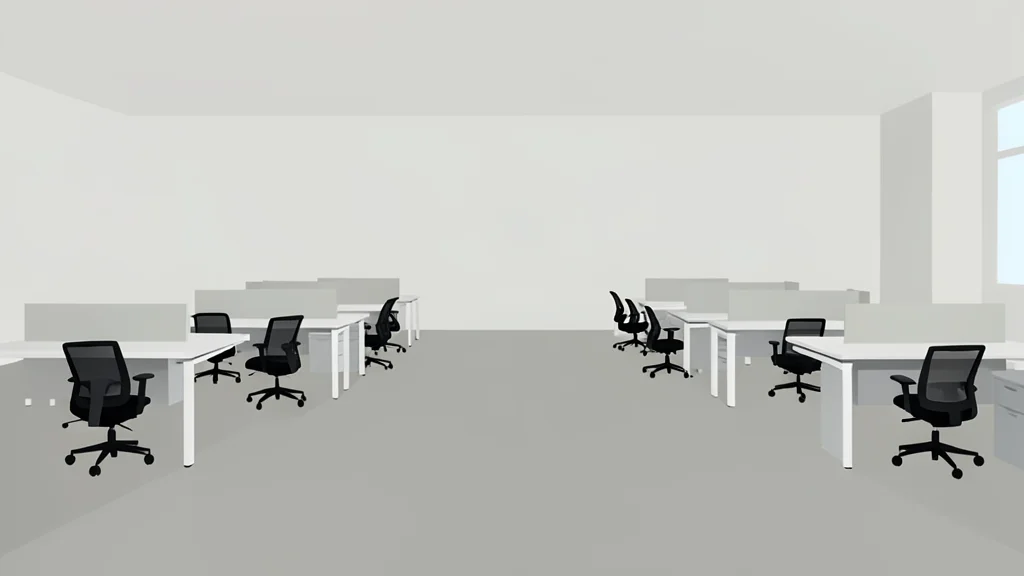 A row of empty office desks with ergonomic chairs in a large, open-plan studio space