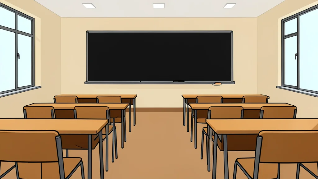 A quiet university lecture hall featuring rows of empty wooden desks facing a large, blank blackboard.