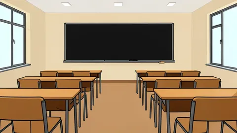 A quiet university lecture hall featuring rows of empty wooden desks facing a large, blank blackboard.