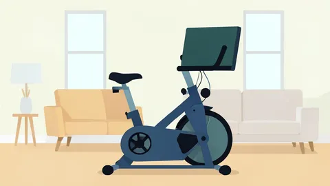 A stationary exercise bike with a large rectangular screen attached to the handlebars, sitting in a bright living room setting.