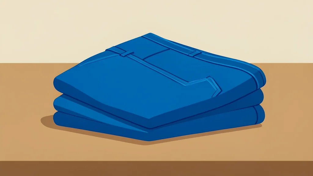 A neatly folded stack of blue denim jeans on a wooden table