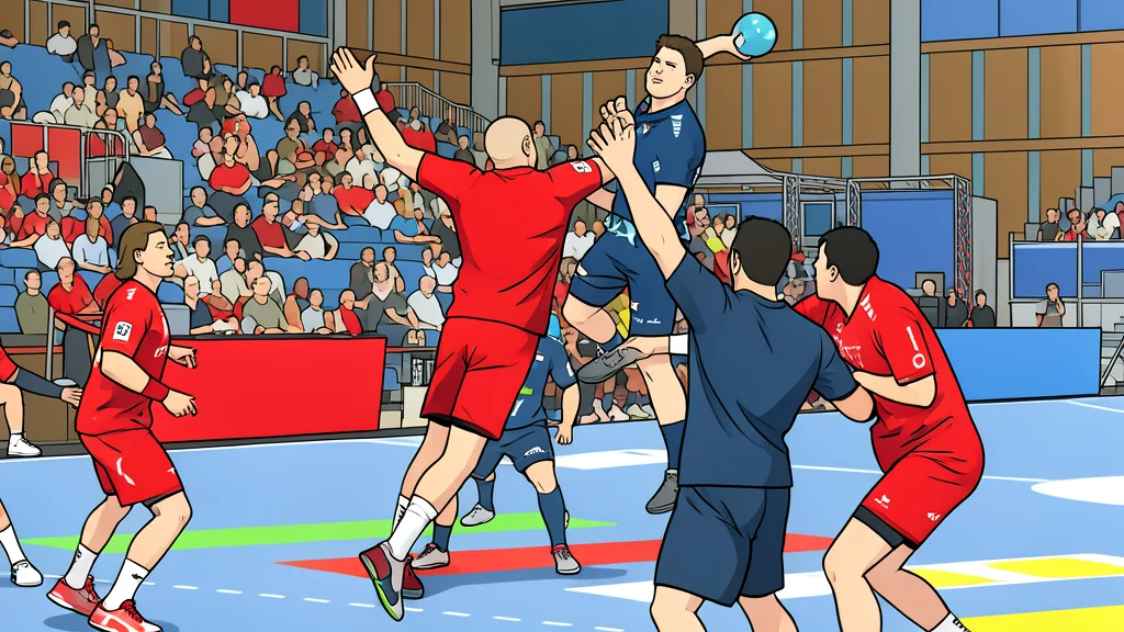A handball goal with a white net and red posts