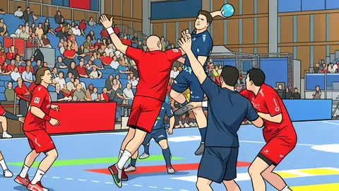 A handball goal with a white net and red posts