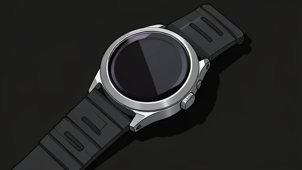 A flat vector illustration of a titanium smartwatch with a sapphire glass face and a digital display showing a heart rate icon