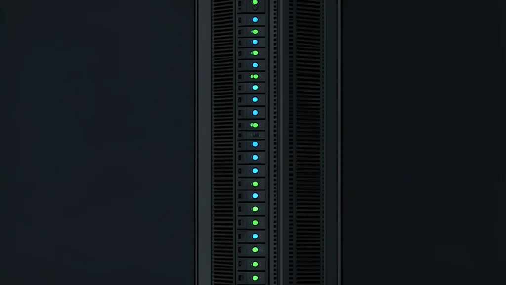 A server rack with blinking status lights in a dark room