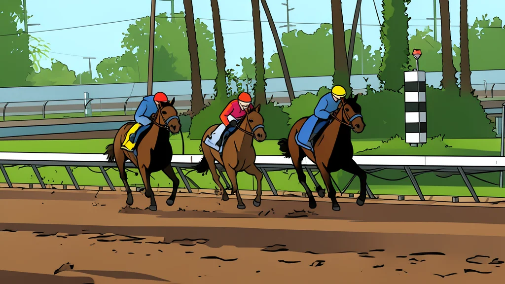 A dirt horse racing track with white railings and a starting gate