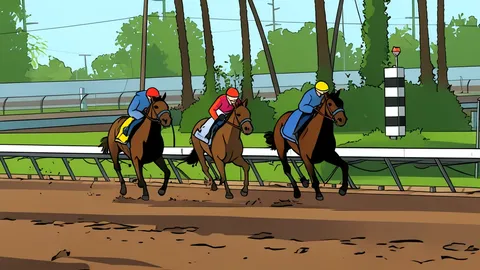 A dirt horse racing track with white railings and a starting gate