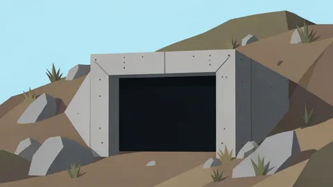 A large concrete bunker entrance set into a rocky hillside under a clear sky.
