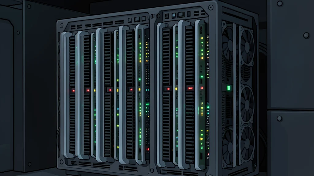 A row of industrial server racks with blinking status lights in a dark data center