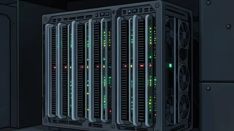 A row of industrial server racks with blinking status lights in a dark data center