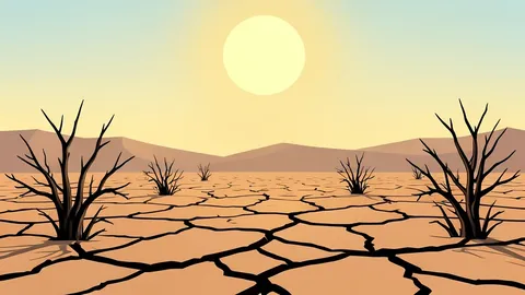 A dry, cracked earth landscape with sparse, withered vegetation under a harsh sun.