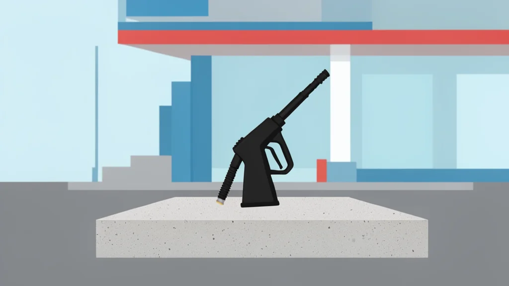 A fuel pump nozzle resting on a concrete island at a gas station