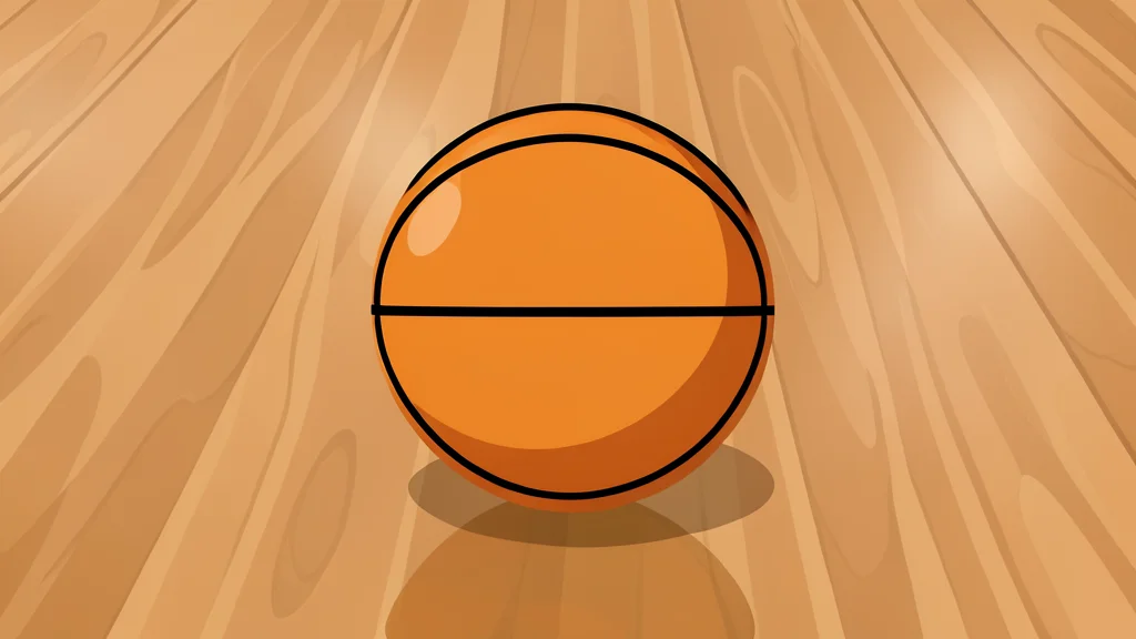 A basketball resting on a polished hardwood court floor