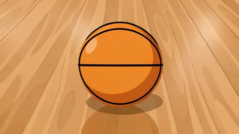 A basketball resting on a polished hardwood court floor