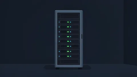 A server rack with blinking status lights in a dark data center