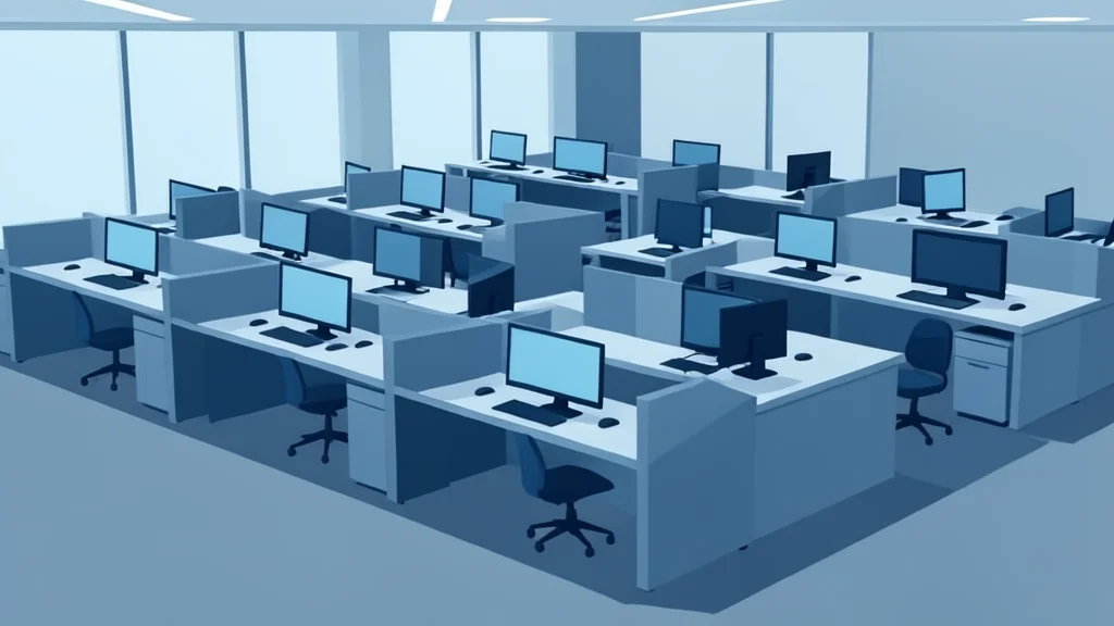 A stylized trading floor with rows of desks and monitors under soft lighting