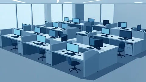 A stylized trading floor with rows of desks and monitors under soft lighting