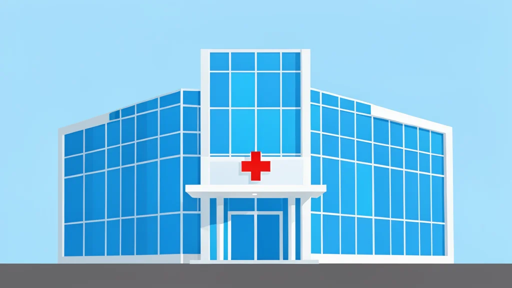 A modern hospital building with a glass facade and a red cross symbol on the entrance