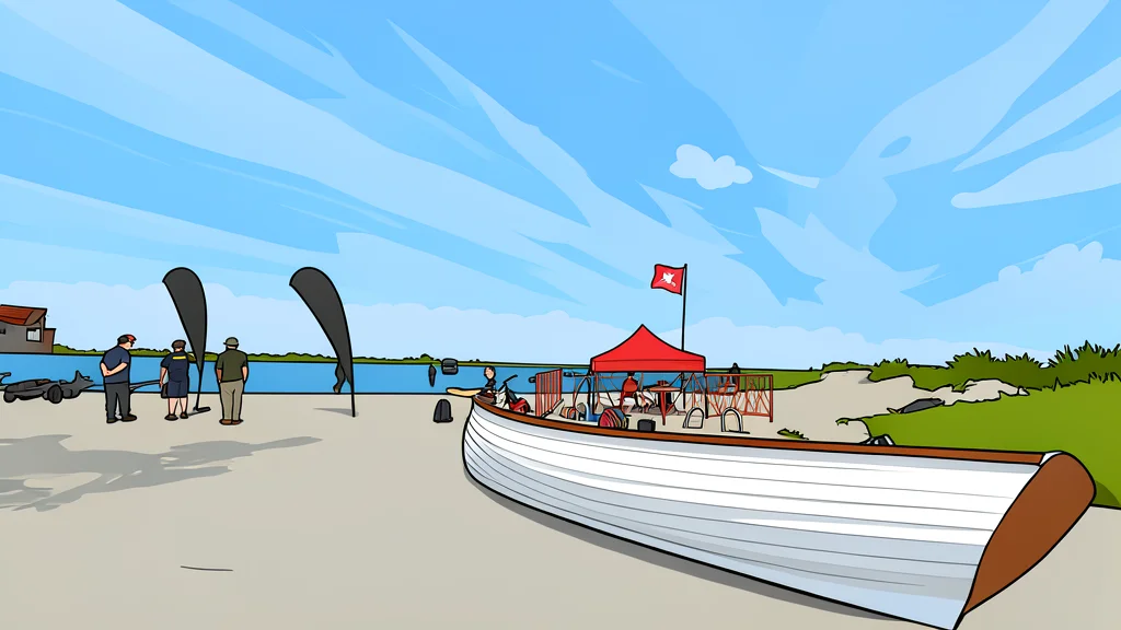 A stylized vector illustration of a sandy beach shoreline meeting ocean waves under a clear sky.