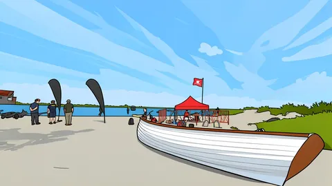 A stylized vector illustration of a sandy beach shoreline meeting ocean waves under a clear sky.