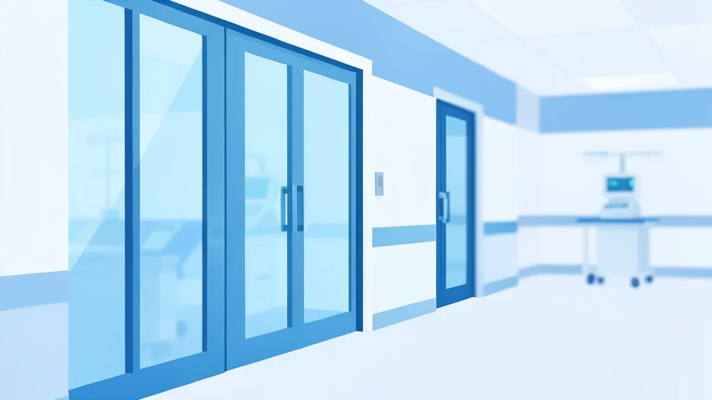 A modern hospital corridor with glass doors and medical equipment in the background