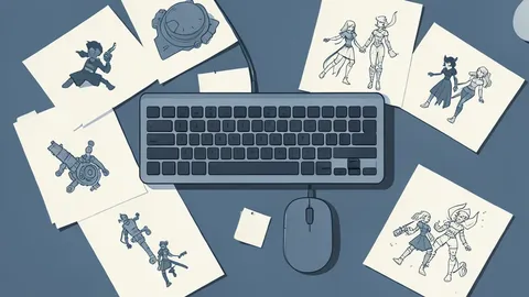 A cluttered desk with a mechanical keyboard and mouse, surrounded by scattered paper prototypes and game character sketches.