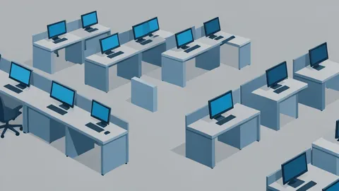 A flat vector illustration of a trading floor with rows of desks and computer monitors