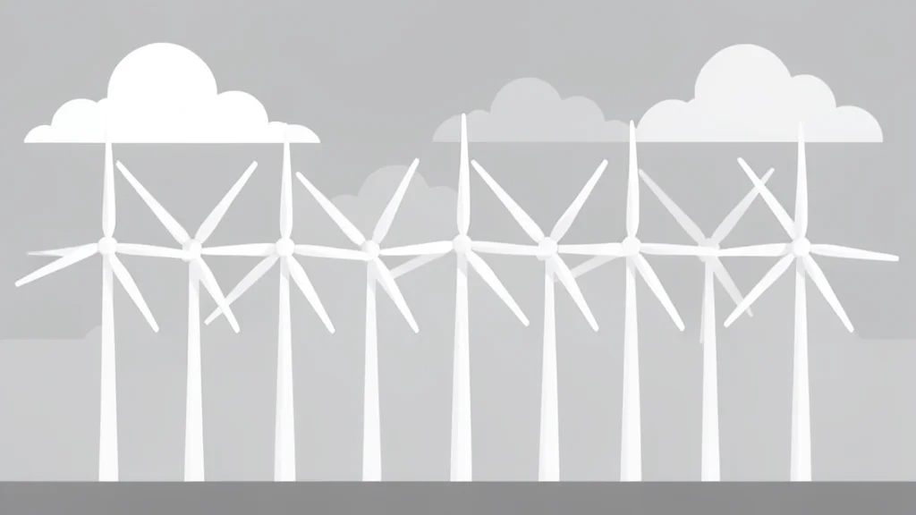 A row of white wind turbine blades standing against a cloudy sky
