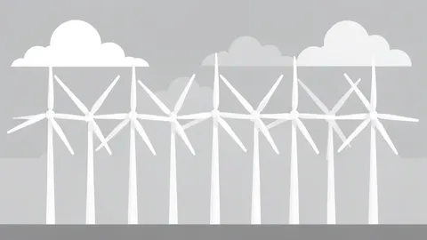 A row of white wind turbine blades standing against a cloudy sky