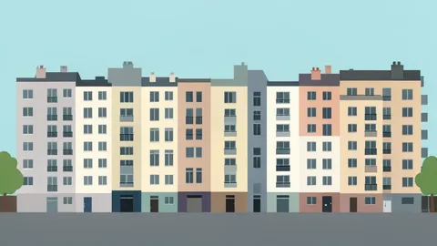 A row of multi-story apartment buildings in a dense urban neighborhood