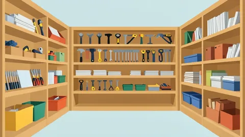 A hardware store aisle stocked with shelves of tools and building materials