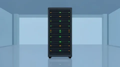 A server rack with blinking status lights in a data center
