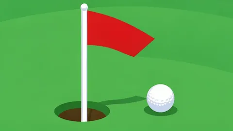 A manicured golf course fairway with a sand bunker and a flagstick in the distance