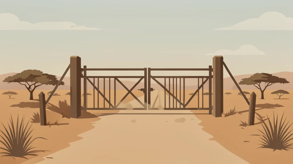 A dusty, unpaved border crossing gate standing in a dry savanna landscape under a hazy sky