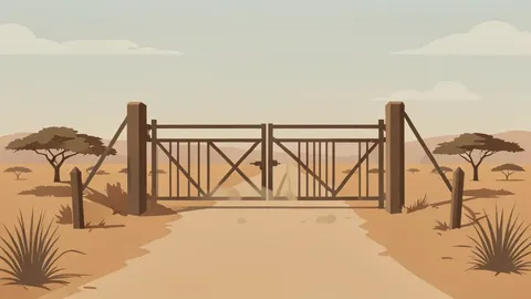 A dusty, unpaved border crossing gate standing in a dry savanna landscape under a hazy sky