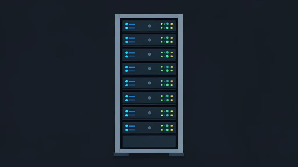 A stylized server rack with glowing blue and green status lights in a dark room