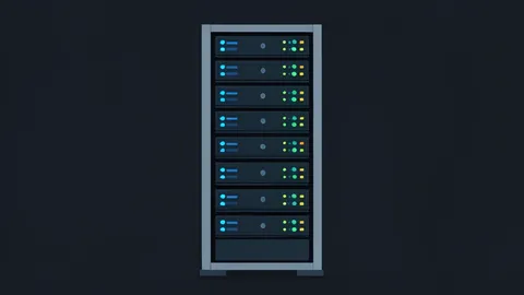 A stylized server rack with glowing blue and green status lights in a dark room