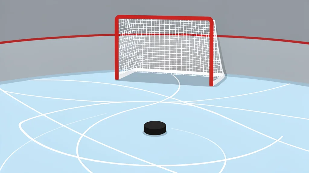 A flat-vector illustration of an ice hockey rink with a goal net and a puck on the ice surface.