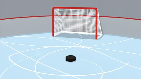 A flat-vector illustration of an ice hockey rink with a goal net and a puck on the ice surface.