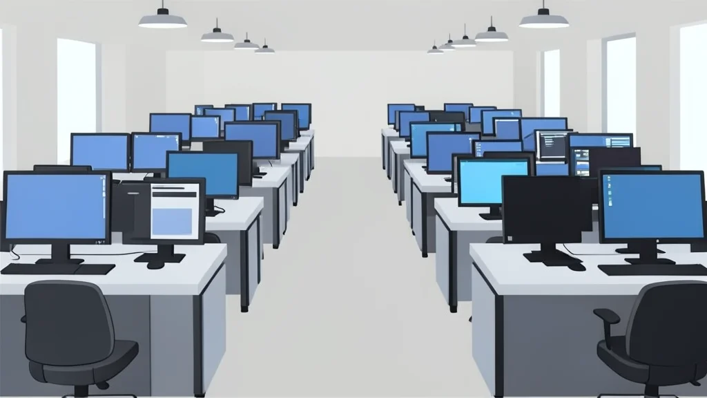 A stylized trading floor with rows of empty desks and monitors.