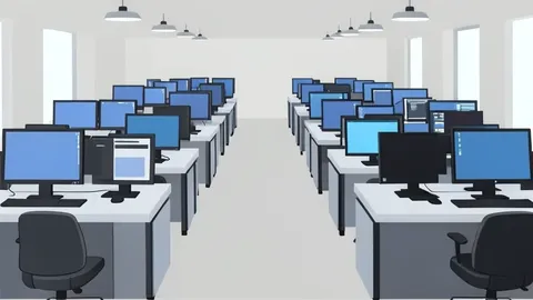 A stylized trading floor with rows of empty desks and monitors.