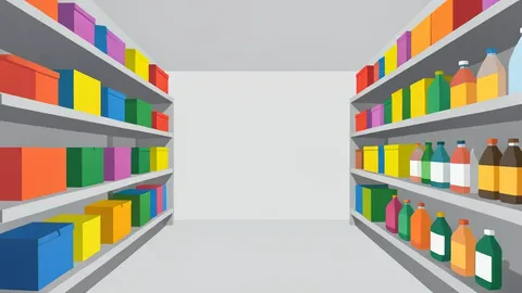 A stylized retail store aisle filled with shelves of generic household goods and packaged products