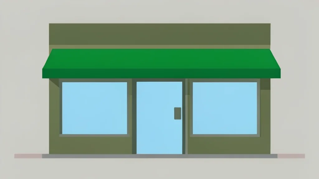 A flat-vector illustration of a medical cannabis dispensary storefront with green awnings and glass windows.